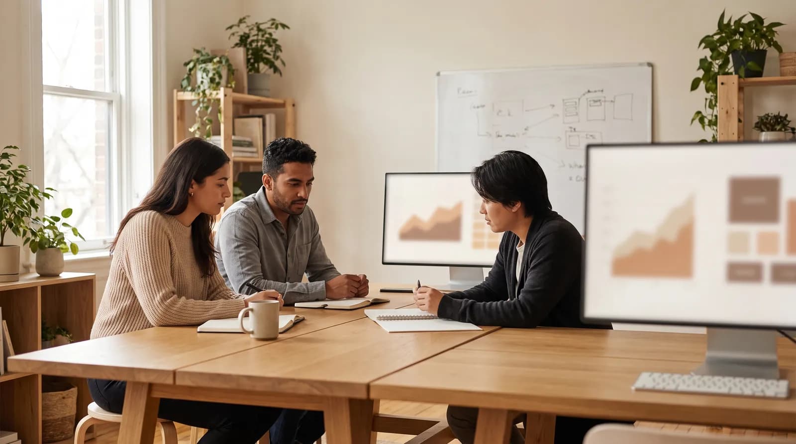 Development team reviewing SaaS application architecture on screen and on a whiteboard