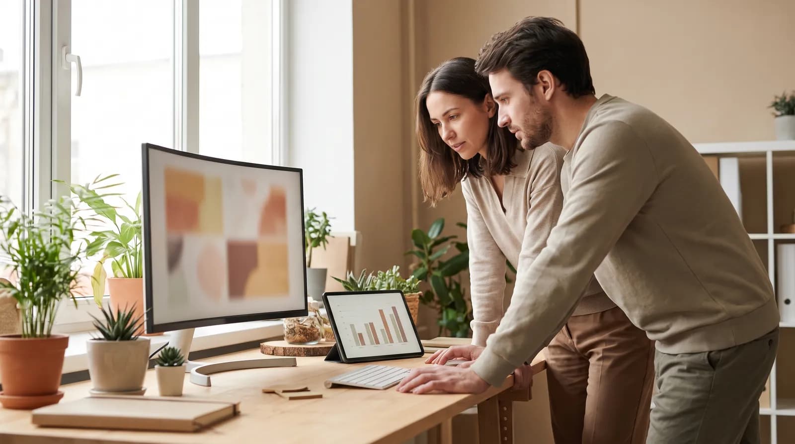 SaaS web design agency team reviewing a marketing site layout and product dashboard on screen