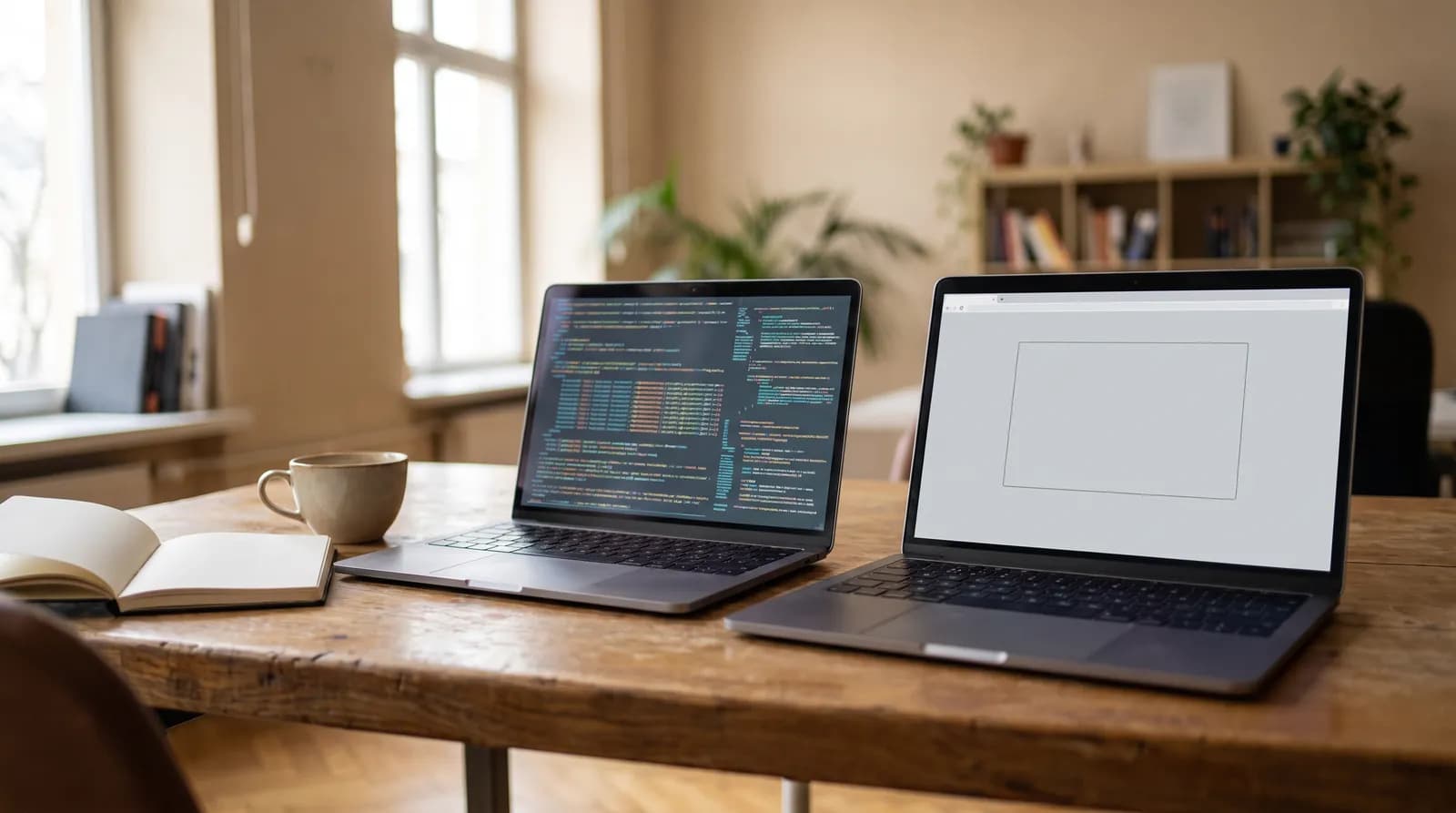 Two laptops side by side, one showing page source code and the other a nearly empty rendered page