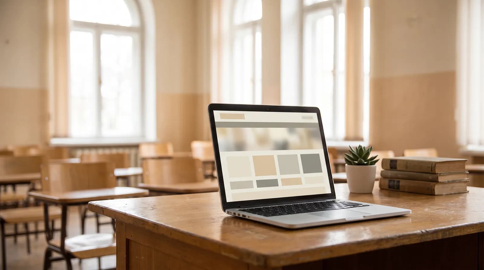 School website open on a laptop on a wooden desk in an empty, sunlit classroom