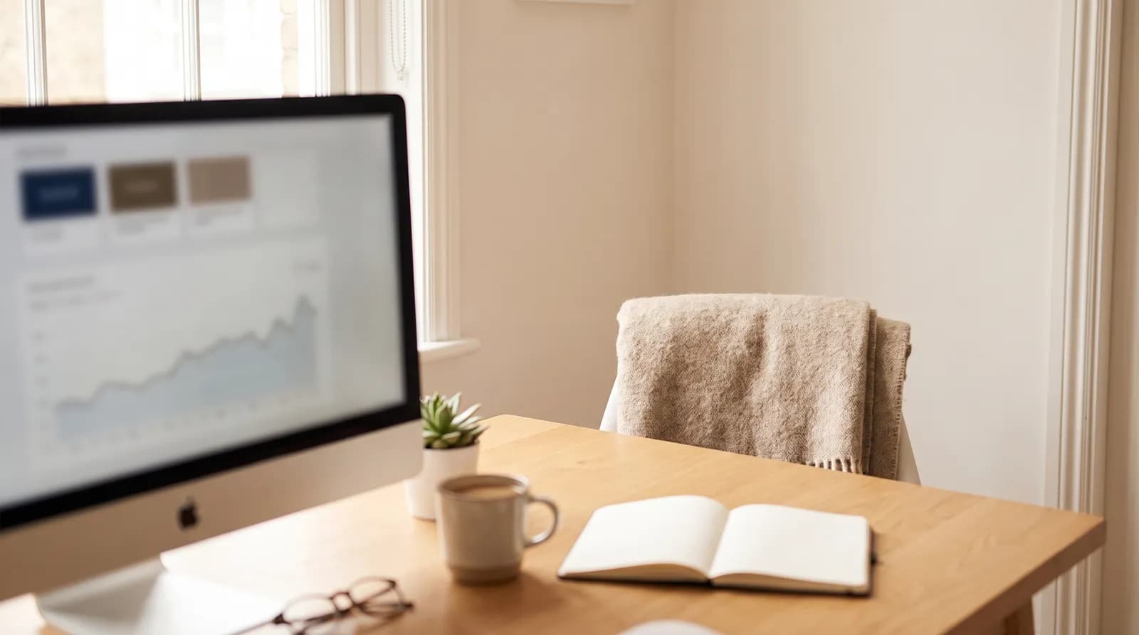 Ecommerce SEO analysis with product listings and search performance charts on a desk