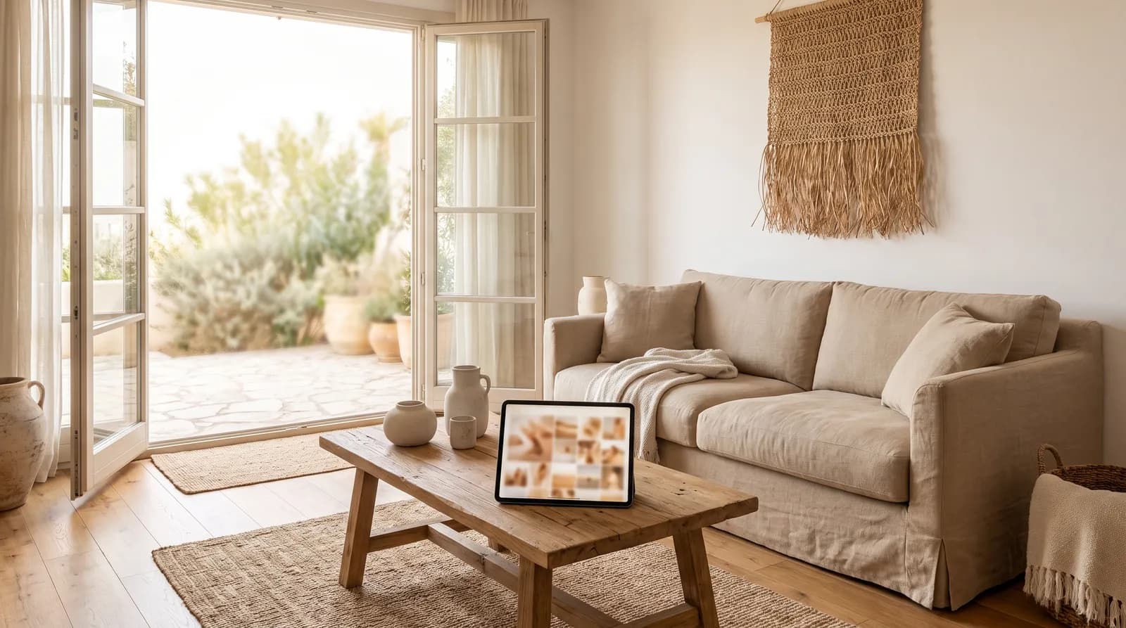 Sunlit vacation rental living room with a tablet showing a property photo gallery
