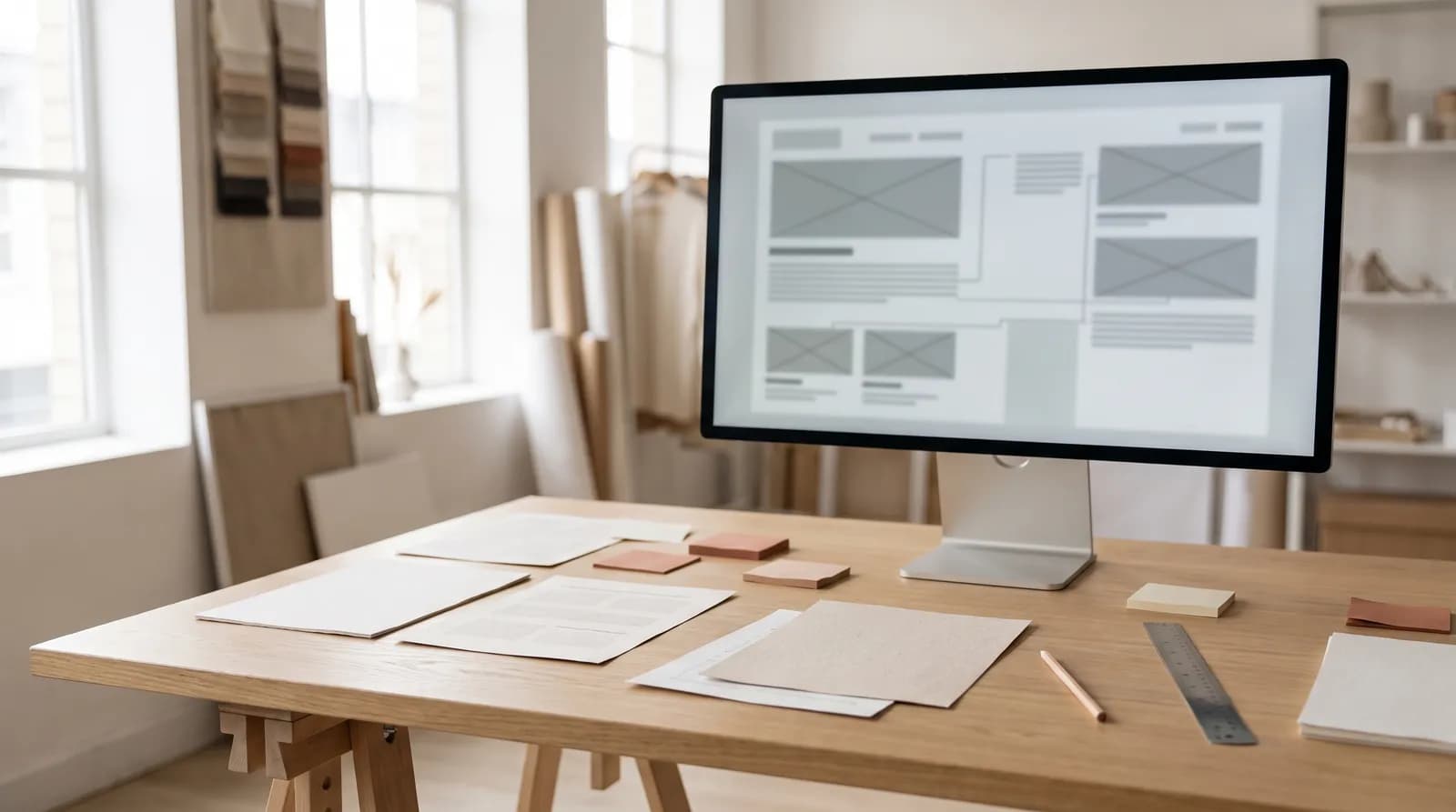 Designer's desk during a website redesign, with layout mockups and a wireframe on screen