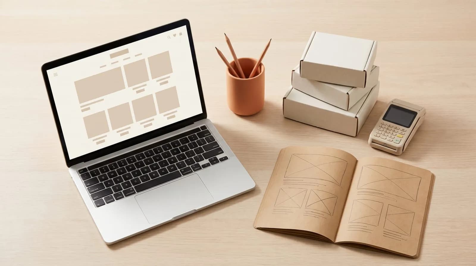 Ecommerce web design company planning desk with a store layout on a laptop, wireframe notebook, shipping boxes and a card terminal