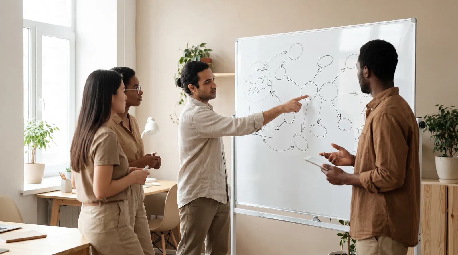 Enterprise application development team reviewing a system integration diagram on a whiteboard