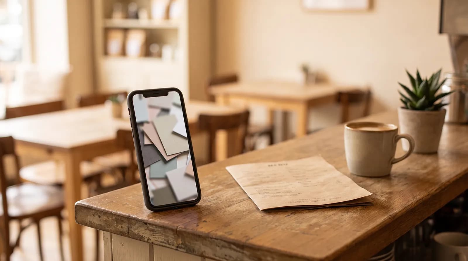 Restaurant website design shown on a phone beside a menu and coffee on a cafe counter