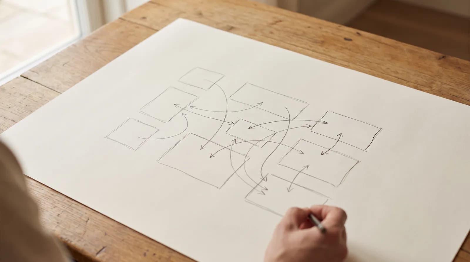 Hand-drawn architecture sketch showing separated service boundaries for a multi-tenant SaaS application