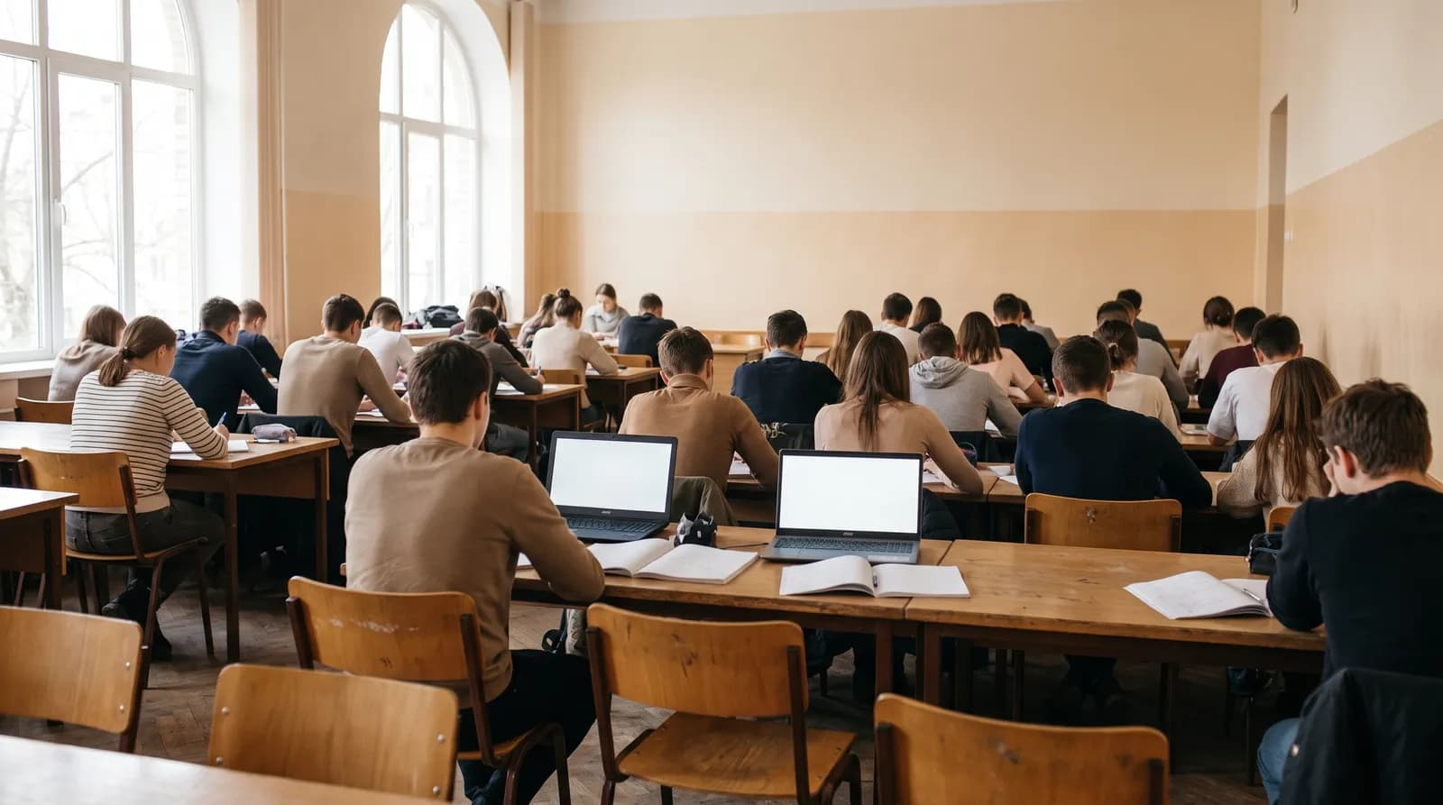 Classroom seen from the back, with students seated at desks working over notebooks and laptops