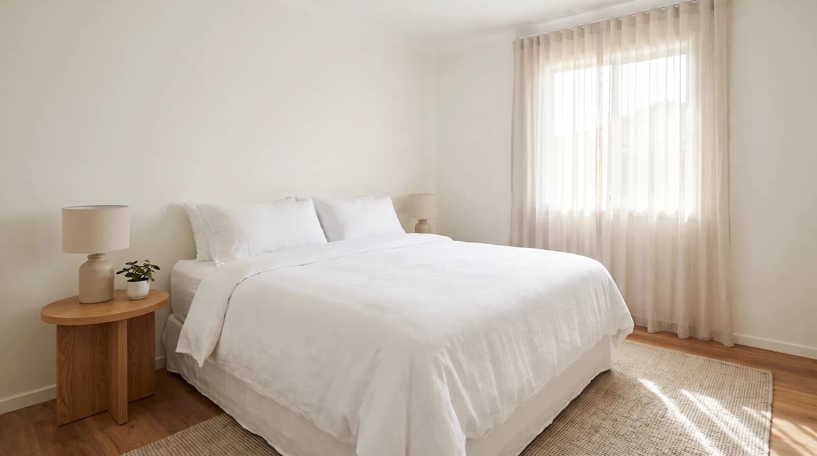 Bright vacation rental bedroom photographed for a property listing gallery
