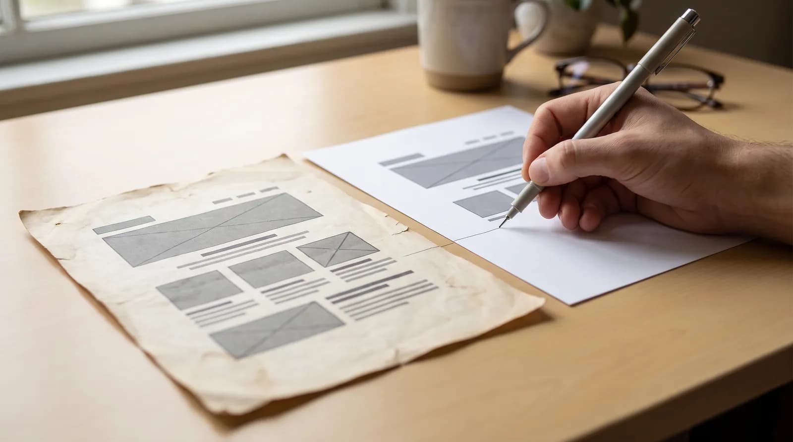 Old and new website layout mockups side by side during a website redesign URL mapping exercise